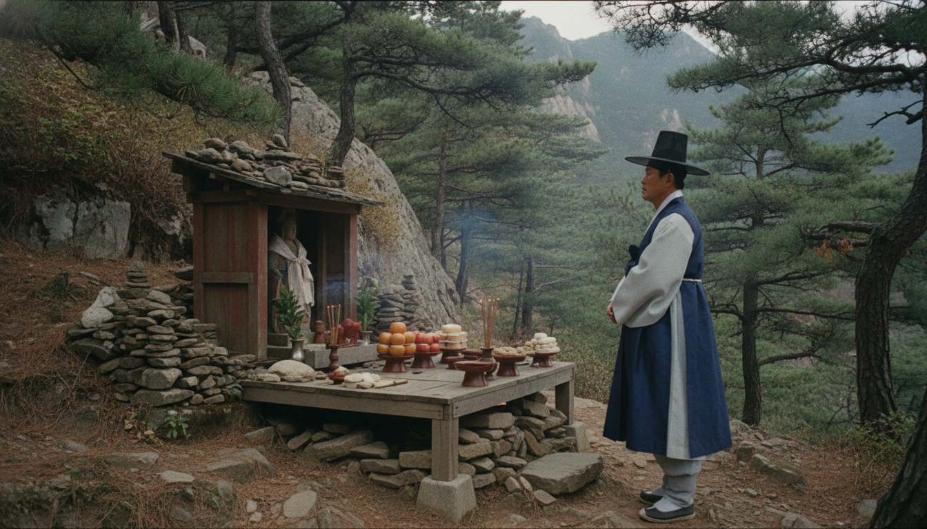 붉은 인연줄 태백산 당골 자락의 새벽 안개와 금은신당 전경