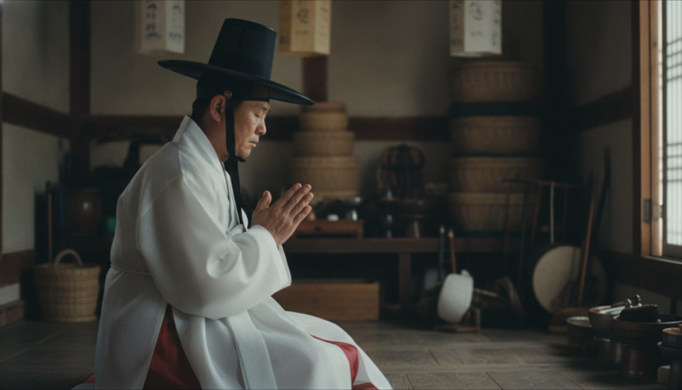 세계의 재회 주술 태백산 당골 자락의 고요한 새벽 신당 풍경