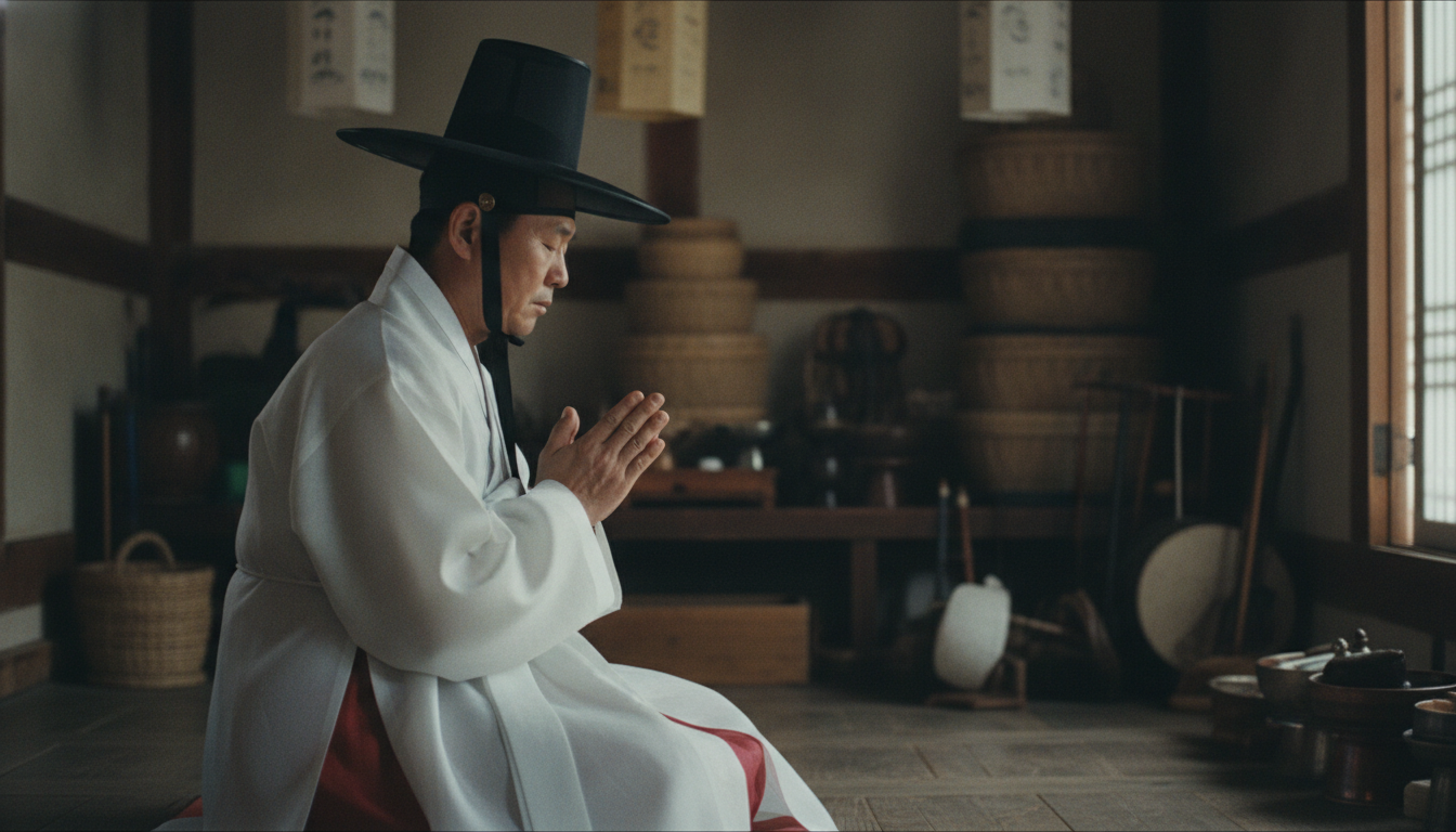 세계의 재회 주술 태백산 당골 자락의 고요한 새벽 신당 풍경