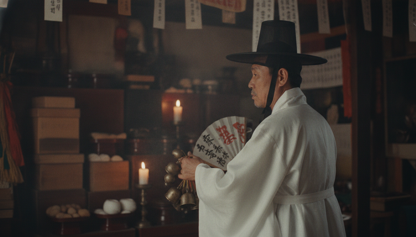 세계의 재회 주술 태백산 신당에서 정성스럽게 기도를 올리는 금은도령의 뒷모습