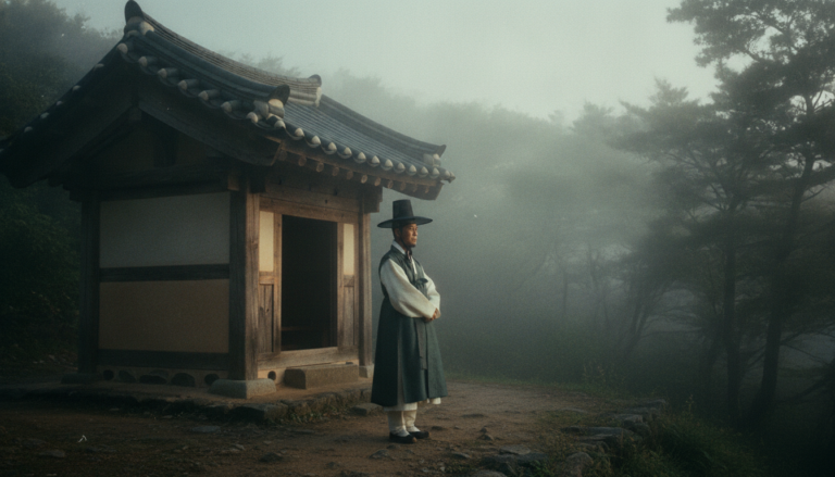 신점 잘보는곳 태백산 신당의 고요한 새벽 전경과 촛불