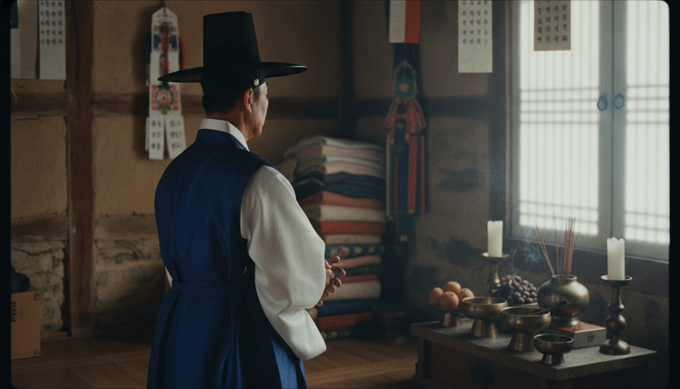 조상천도 정화수를 떠놓고 조용히 기도를 올리는 금은도령의 뒷모습