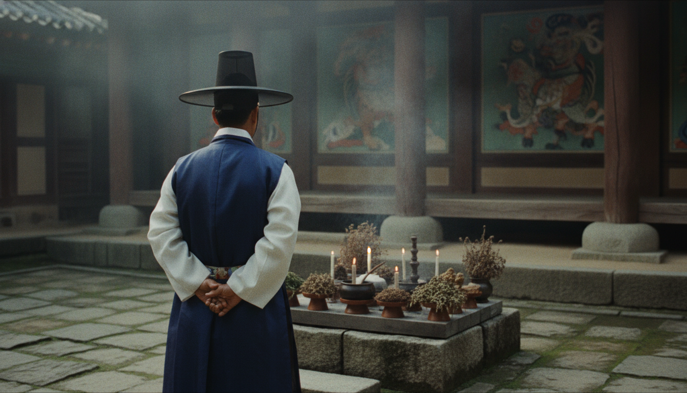 사주 궁합 태백산 신당에서 기도를 올리는 금은도령의 뒷모습