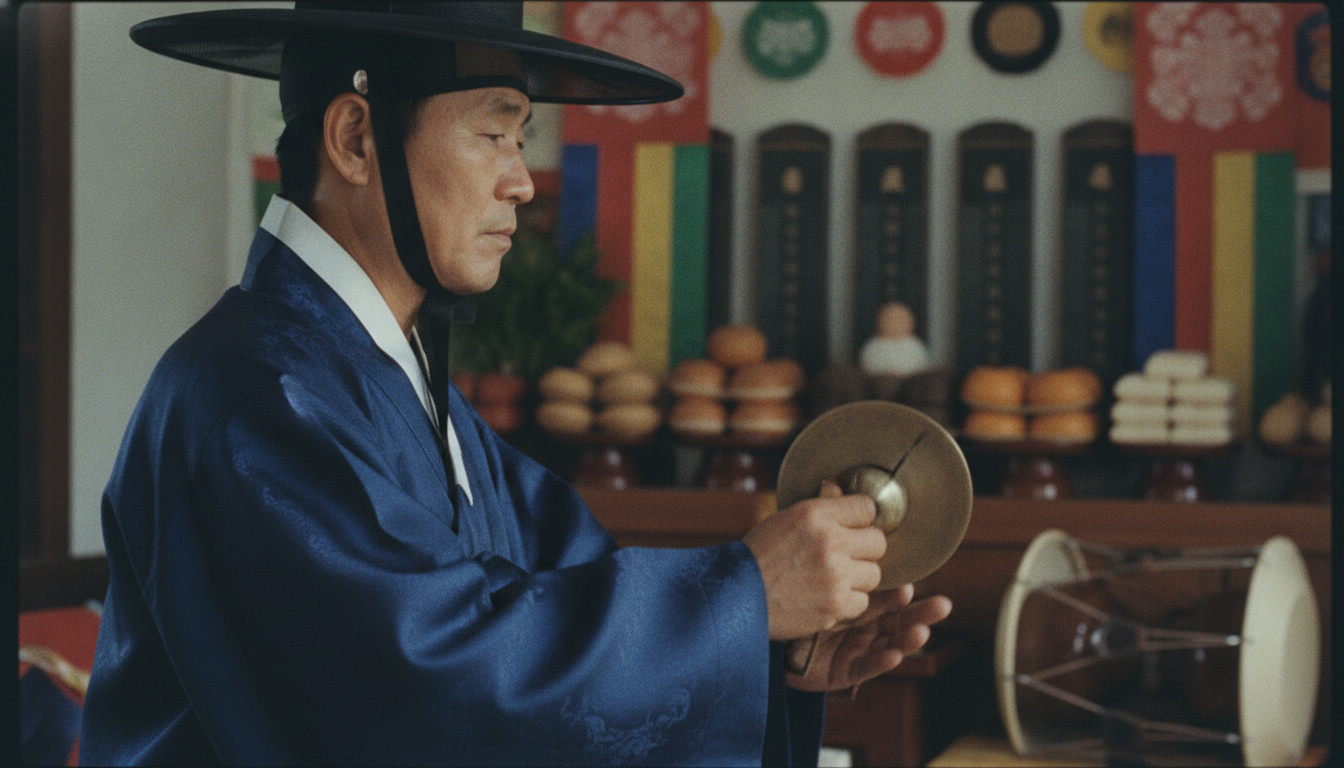 사주 궁합 사주 단자와 붉은 실이 놓인 조용한 신당 내부