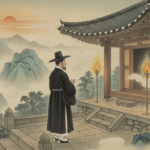 우환굿 태백산 신당의 고요한 새벽 전경과 촛불
