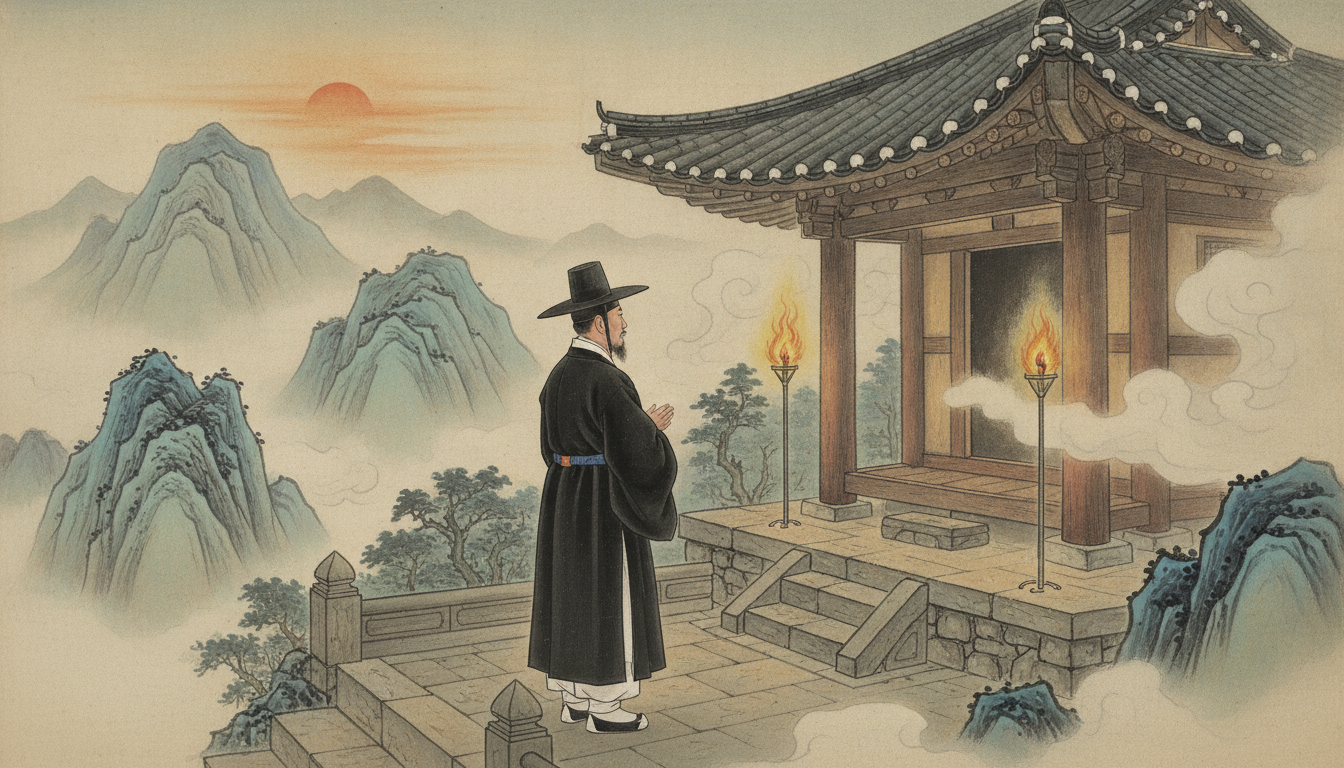 우환굿 태백산 신당의 고요한 새벽 전경과 촛불