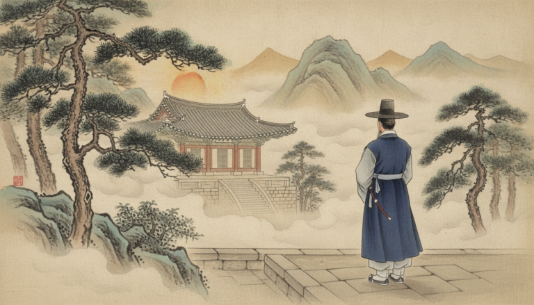 우환굿 태백산 신당의 고요한 새벽 전경과 촛불