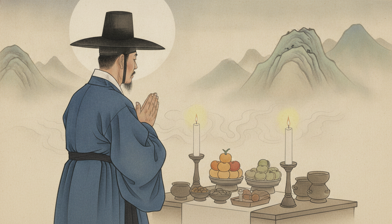 토정비결 보는법 신당 안에서 타오르는 재회초와 정화수 그릇