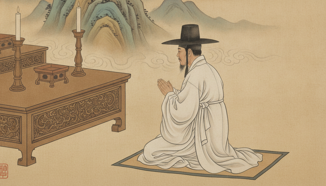 인연합의 신당 앞에서 정성스럽게 타오르는 재회초와 기도 올리는 모습