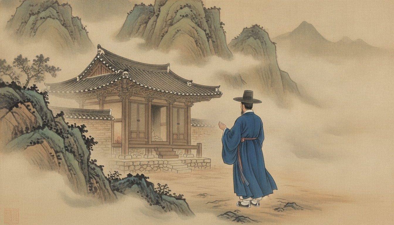 붉은 인연줄 태백산 당골 자락의 새벽 안개와 금은신당 전경