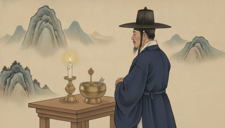 셀프 재회 의식 새벽녘 신당에 켜진 은은한 촛불과 정화수 그릇