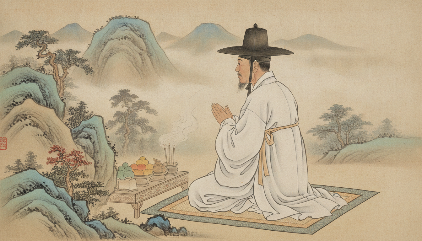 재회부적 만드는 법 태백산의 맑은 계곡물과 바위 위에 놓인 정화수 그릇