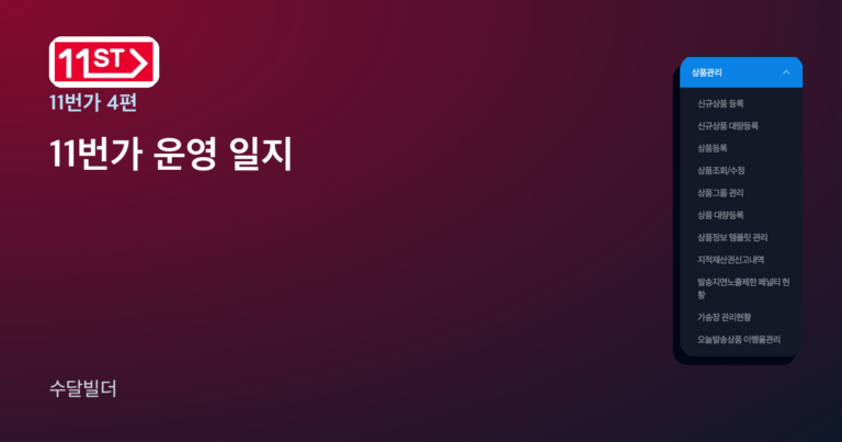 11번가 운영 일지 글의 대표 이미지. 11번가 로고와 상품 등록 순서, 클린체크, 서비스 이용료 8%, 출고지, 카테고리 이동 순으로 한 일을 적은 칩이 놓여 있다