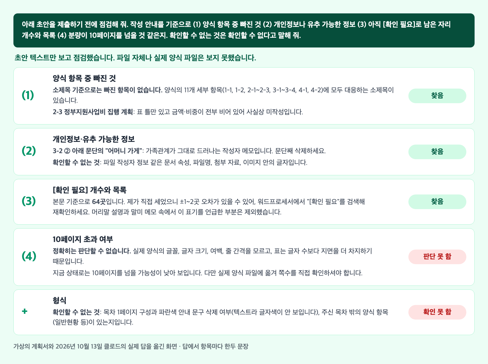 제출 전 점검을 시켰을 때 받은 답. 양식 항목, 개인정보, 확인 필요 개수는 찾음으로, 10페이지 초과 여부와 형식은 판단하거나 확인하지 못함으로 나뉘어 있다