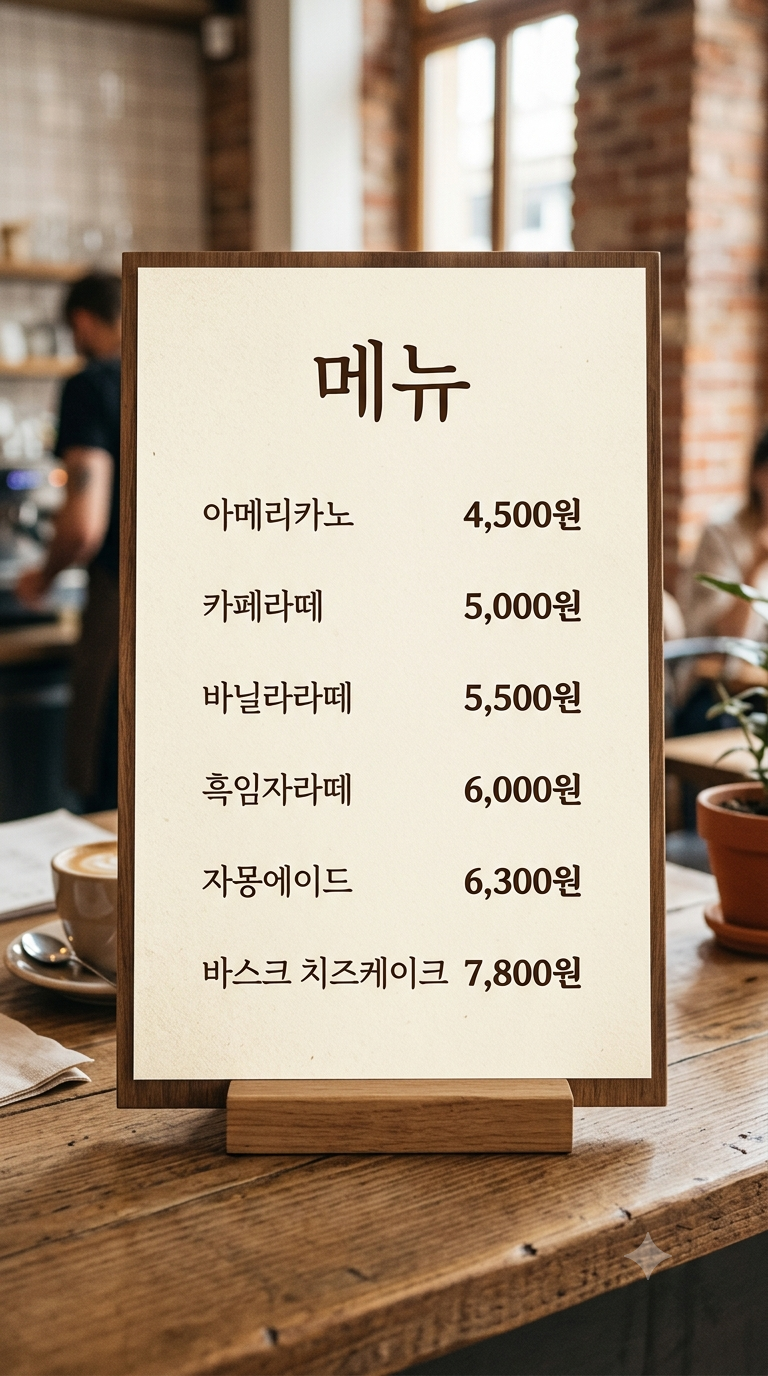 Gemini가 사진처럼 그린 메뉴판. 벽돌 벽 카페의 나무 탁자 위에 나무 받침으로 세운 메뉴판이 있고 뒤로 사람과 커피잔, 화분이 흐릿하게 보인다. 메뉴 여섯 줄의 글자와 가격은 요청과 같다