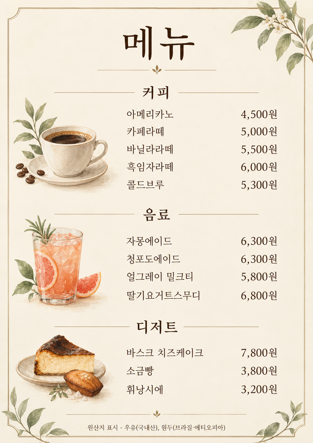 ChatGPT가 그린 12줄 메뉴판. 커피, 음료, 디저트 세 분류에 메뉴 열두 줄과 가격이 적혀 있고 왼쪽에 커피잔, 자몽에이드 잔, 치즈케이크 그림이, 모서리에 잎사귀 장식이 그려져 있다. 맨 아래에 원산지 표시 줄이 있다