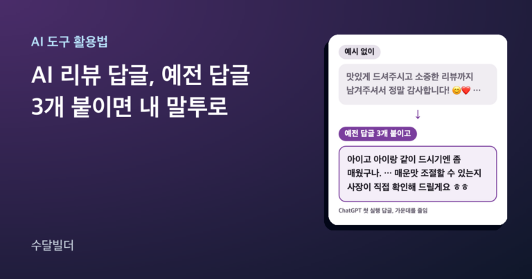 AI 리뷰 답글, 예전 답글 3개 붙이면 내 말투로라는 제목 옆에, 예시 없이 받은 이모지 붙은 정중체 답글이 예전 답글 3개를 붙인 뒤 받은 짧은 사장님 말투 답글로 바뀌는 ChatGPT 첫 실행 카드