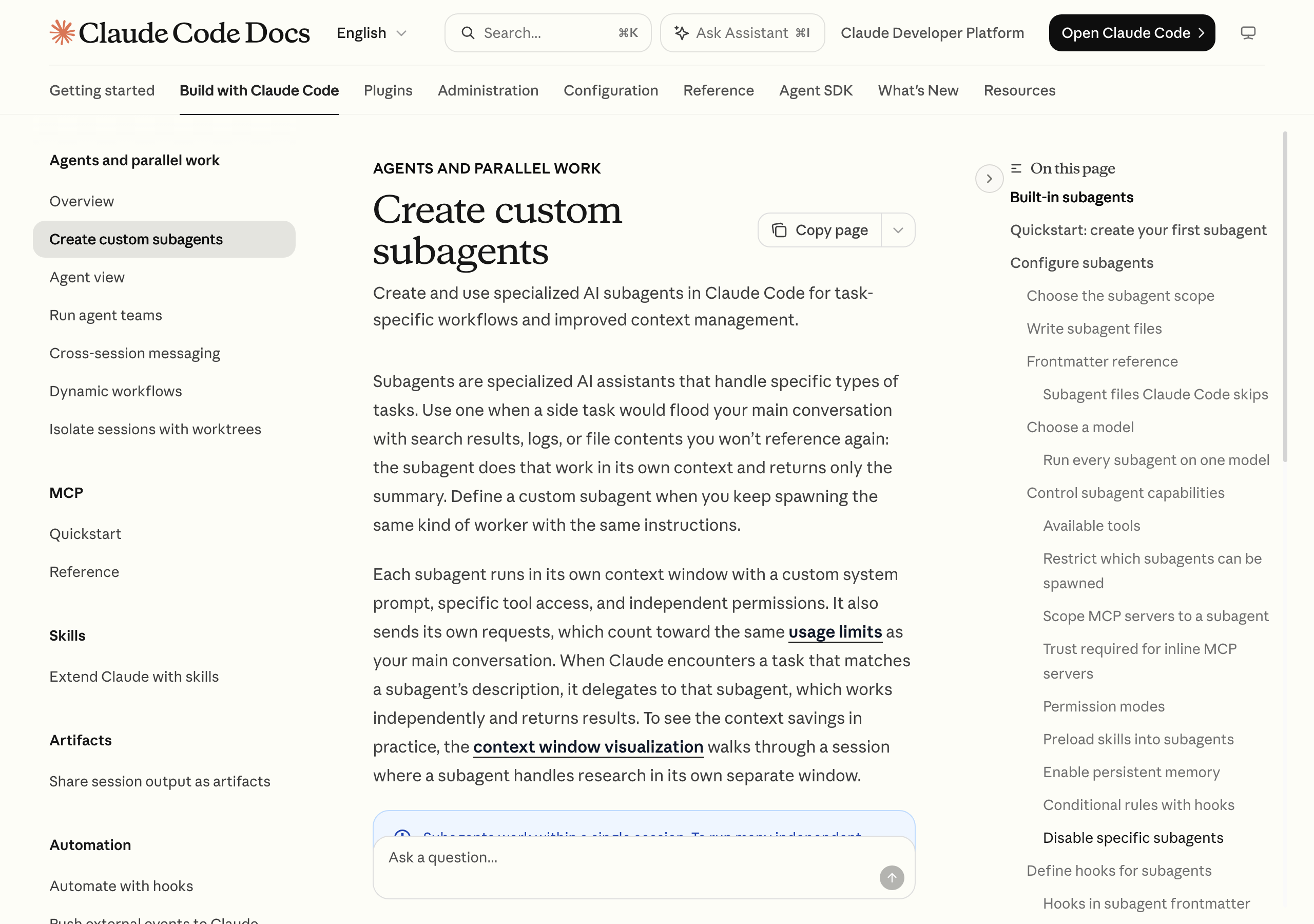 Claude Code 문서의 Create custom subagents 페이지 첫 화면. 서브에이전트를 설명하는 도입 두 문단과 오른쪽 목차가 보인다