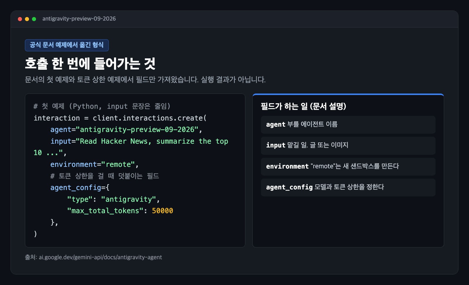 문서의 첫 예제 호출 형식과 토큰 상한 필드, 각 필드가 하는 일을 정리한 카드