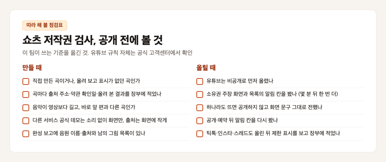 쇼츠 저작권 검사 점검표 카드. 만들 때 다섯 줄과 올릴 때 다섯 줄의 빈 체크 칸이 있다. 만들 때에는 곡의 출처와 올려 본 결과, 영상보다 긴 곡, 남의 영상 소리 빼기, 완성 보고가, 올릴 때에는 비공개 업로드, 소유권 주장 화면과 알림 칸, 공개 뒤 다시 보기, 다른 플랫폼 기록이 적혀 있다