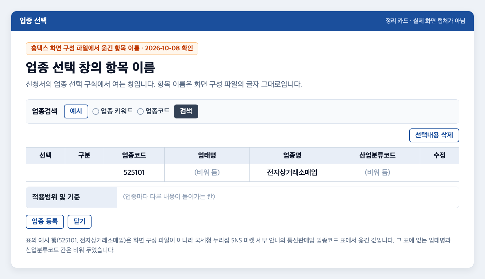 업종 선택 창의 항목 이름을 정리한 카드. 업종검색 줄에 예시, 업종 키워드, 업종코드, 검색이 있고, 선택내용 삭제 버튼 아래 표의 머리는 선택, 구분, 업종코드, 업태명, 업종명, 산업분류코드, 수정이다. 예시 행에 525101과 전자상거래소매업이 들어 있고 업태명과 산업분류코드 칸은 비워 둠으로 적혀 있다. 아래에 적용범위 및 기준 칸과 업종 등록, 닫기 버튼이 있다
