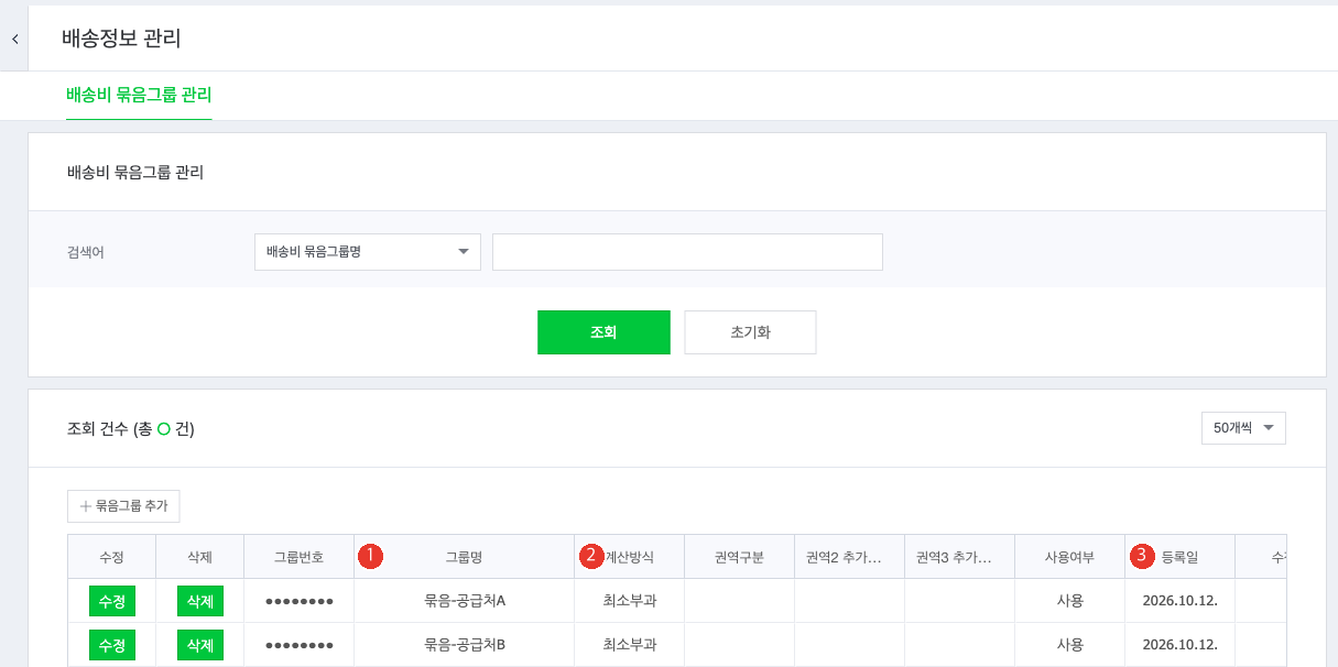 스마트스토어센터 배송정보 관리의 배송비 묶음그룹 관리 화면. 1번 그룹명, 2번 계산방식 최소부과, 3번 등록일 2026.10.12.가 표시되어 있고 그룹번호와 공급처 이름은 가려져 있다