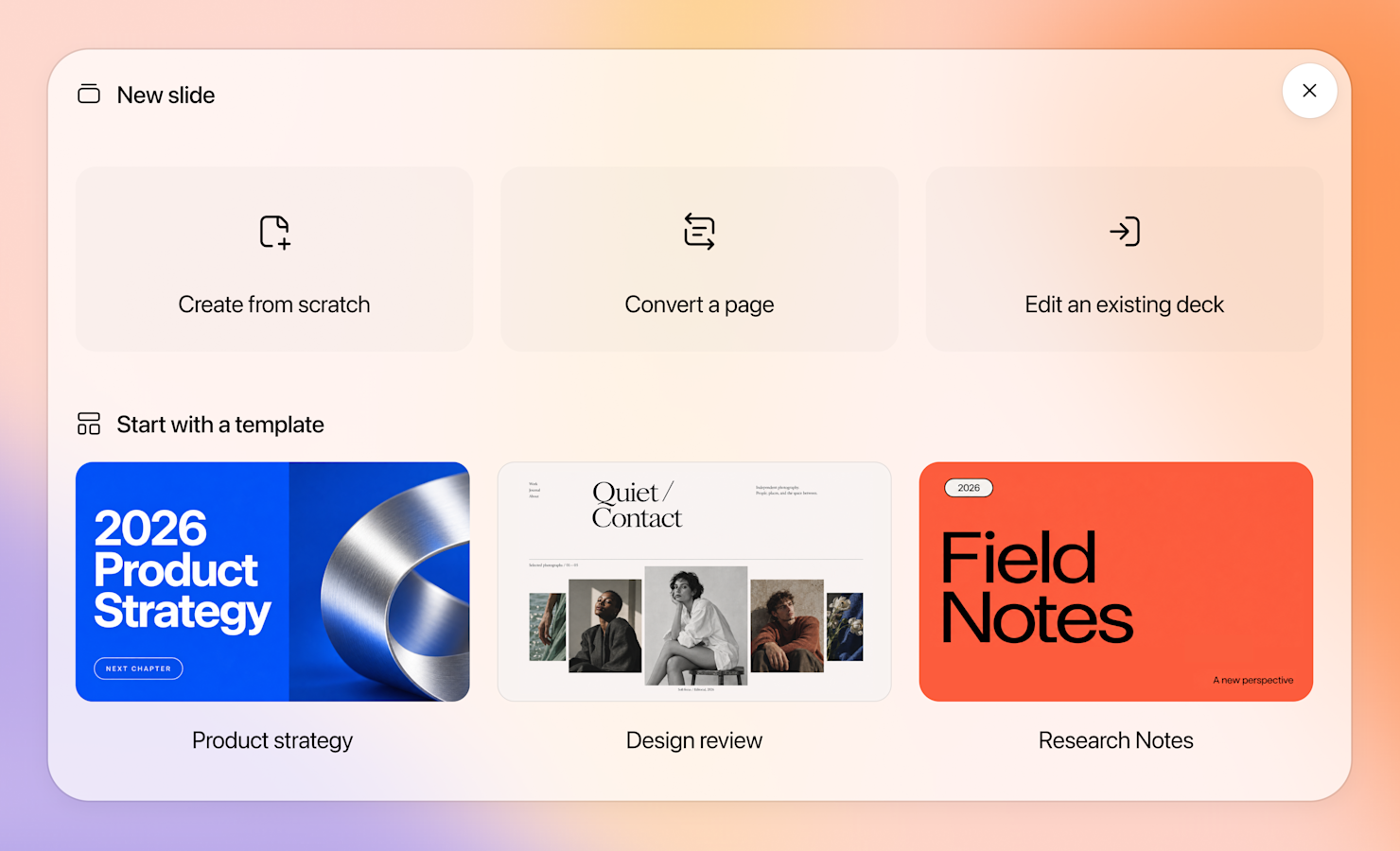 ChatGPT 슬라이드의 New slide 창 공식 그림. Create from scratch, Convert a page, Edit an existing deck 세 칸과 그 아래 Start with a template의 Product strategy, Design review, Research Notes 템플릿이 보인다