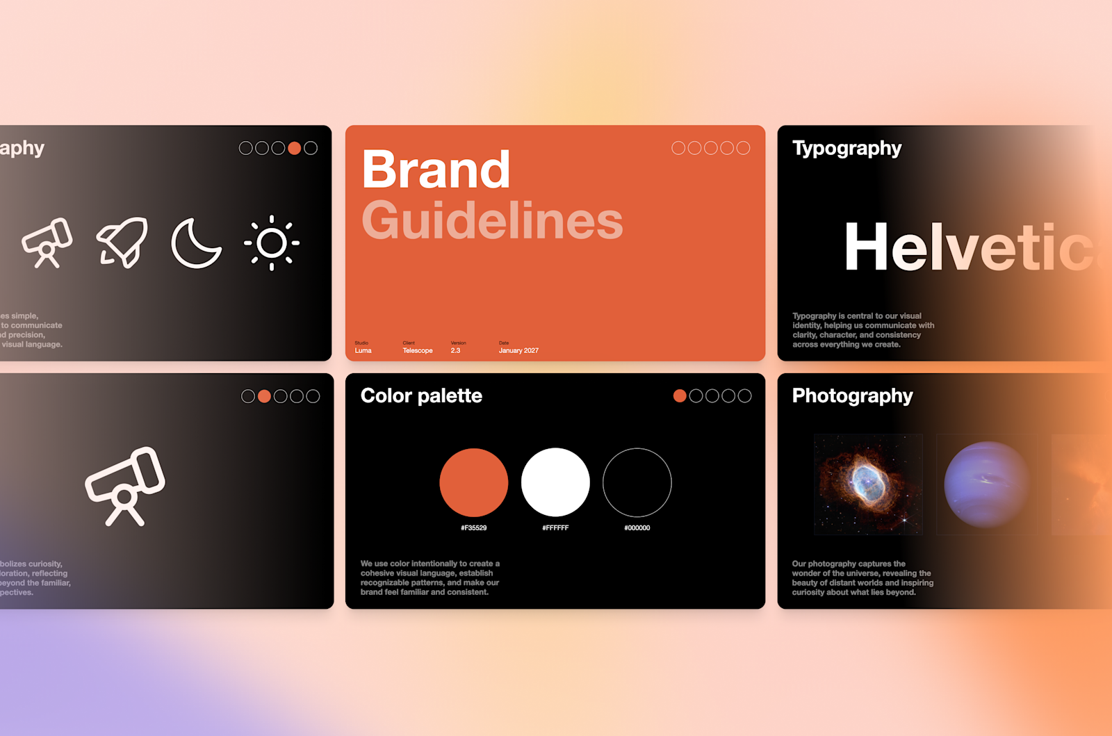 ChatGPT 슬라이드 공식 예시 그림. 주황색 Brand Guidelines 표지와 Typography, Color palette, Photography 슬라이드가 같은 디자인으로 이어져 있다