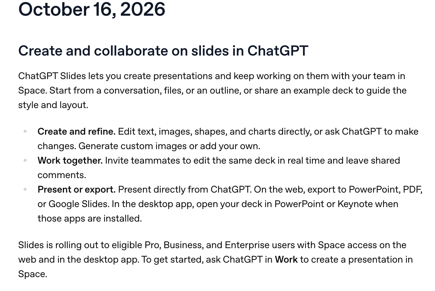 ChatGPT 릴리스 노트 2026년 10월 16일 항목 Create and collaborate on slides in ChatGPT. Create and refine, Work together, Present or export 세 항목과 Pro, Business, Enterprise 사용자에게 차례로 열린다는 안내가 보인다