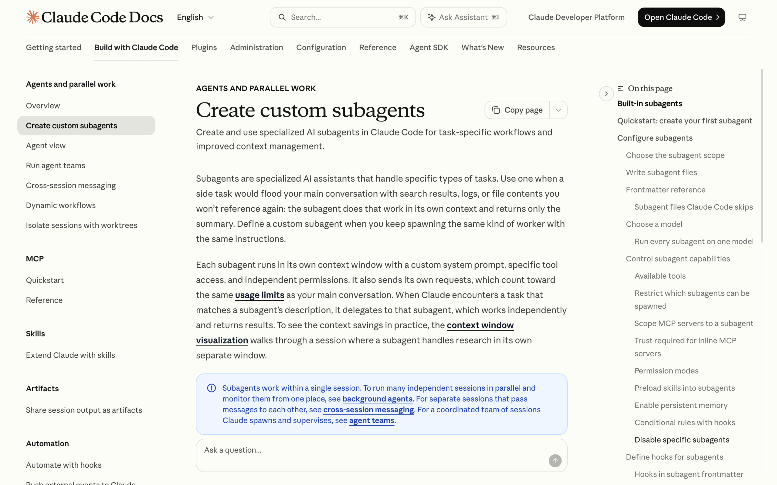 Claude Code 공식 문서의 Create custom subagents 첫 화면. 서브에이전트가 자기 컨텍스트 창에서 일하고 요약만 돌려준다는 설명이 보인다