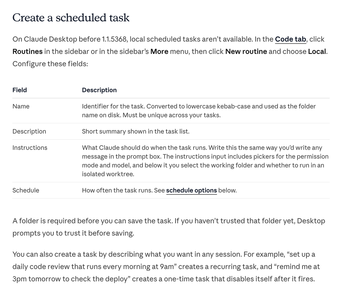 Claude Code 공식 문서 Create a scheduled task 절. Code 탭에서 Routines, New routine, Local을 차례로 고르라는 안내 아래 Name, Description, Instructions, Schedule 네 칸의 설명 표가 있다