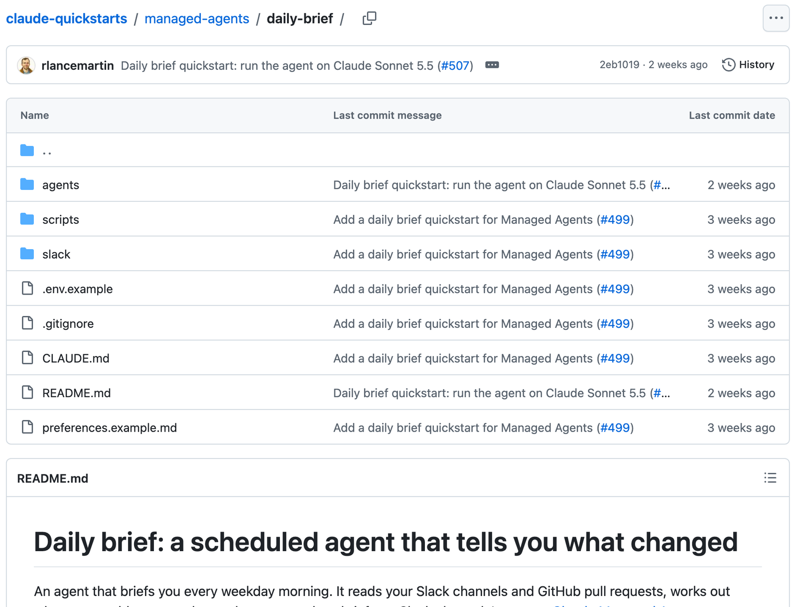 GitHub anthropics/claude-quickstarts 저장소의 managed-agents/daily-brief 폴더 화면. agents, scripts, slack 폴더와 .env.example, CLAUDE.md, README.md, preferences.example.md 파일이 있고, 아래 README 제목은 Daily brief: a scheduled agent that tells you what changed이다