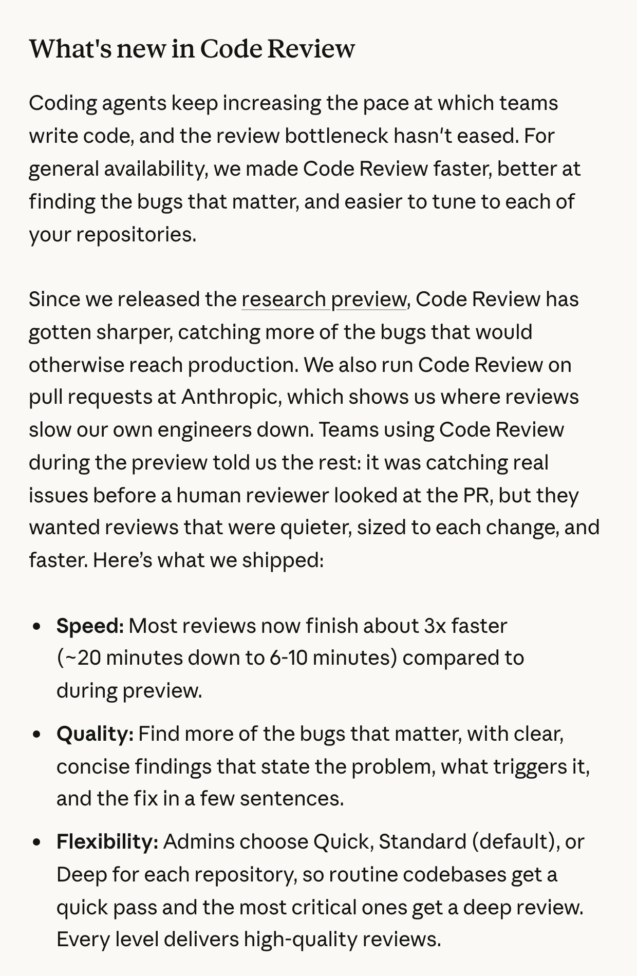 공식 발표 글의 What's new in Code Review 절. Speed, Quality, Flexibility 세 항목에 속도 약 3배, 지적의 형식, 저장소별 Quick·Standard·Deep 선택이 적혀 있다