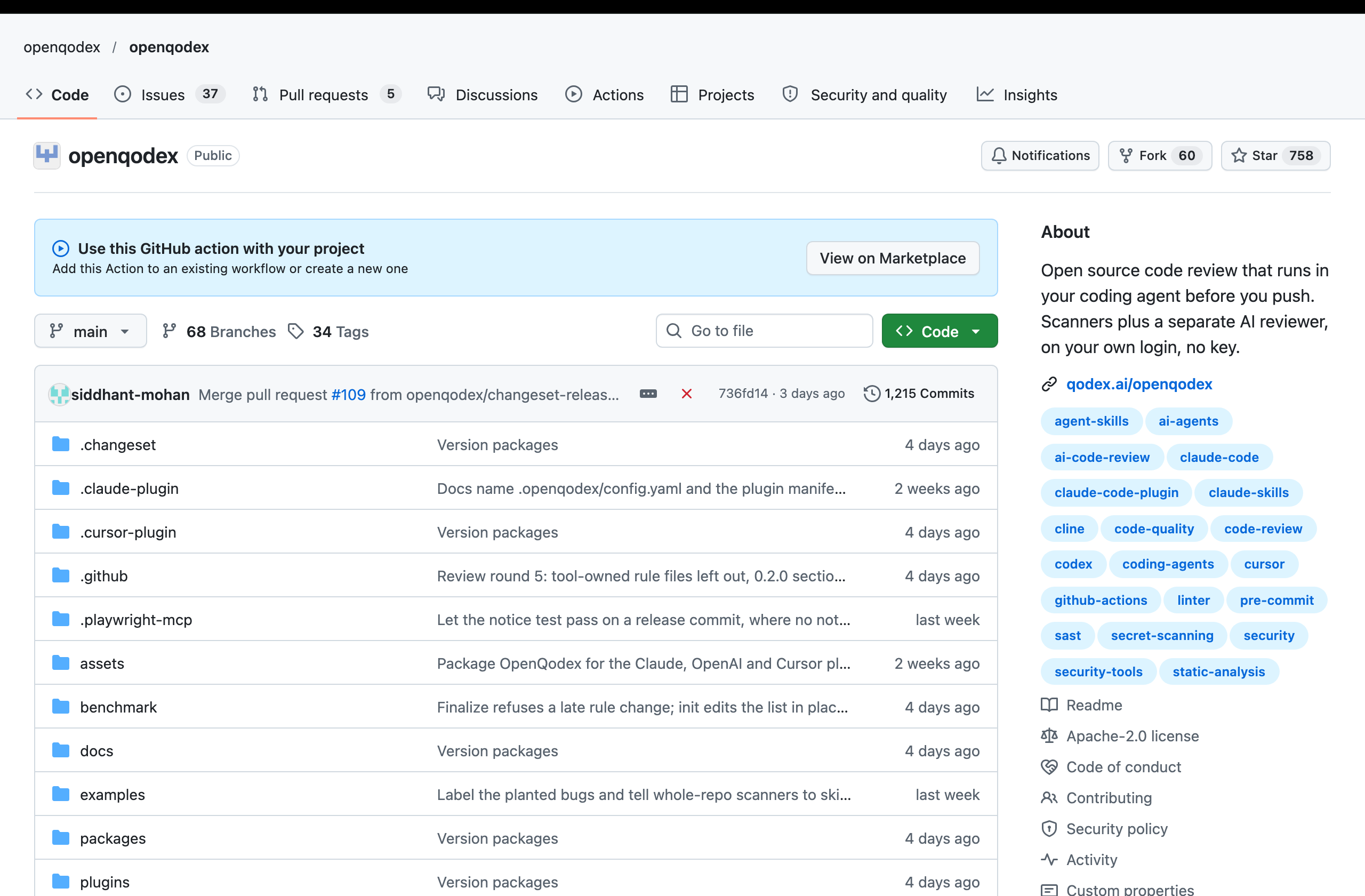 깃허브 openqodex/openqodex 저장소 화면. 소개 문구 Open source code review that runs in your coding agent before you push, Apache-2.0 license, 별 758개, 커밋 1,215개가 보인다