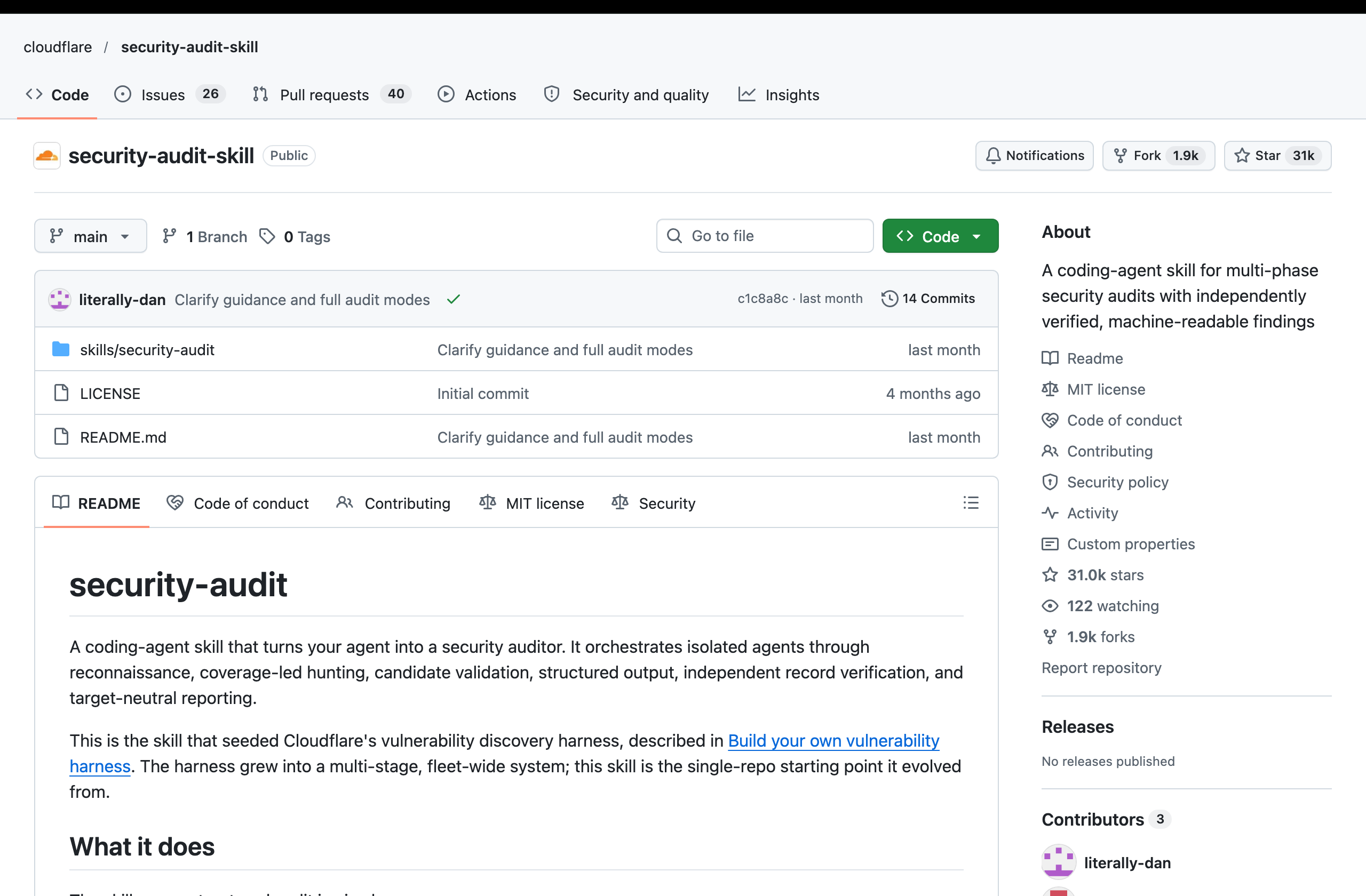 깃허브 cloudflare/security-audit-skill 저장소 화면. 여러 단계 보안 감사를 하는 코딩 에이전트 스킬이라는 소개, MIT license, 별 31k, 여섯 갈래 감사를 설명하는 소개 문장이 보인다