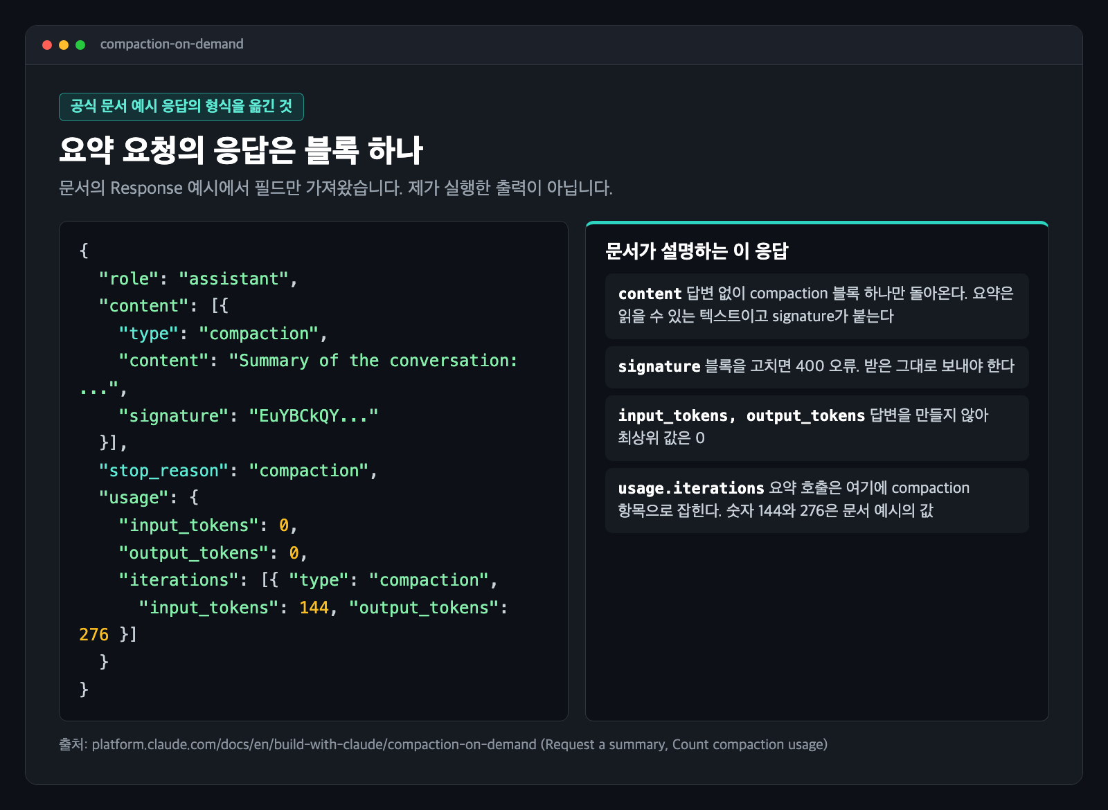 컴팩션 온디맨드 요청의 응답 형식을 문서 예시에서 옮긴 카드. content에 compaction 블록 하나, stop_reason이 compaction, usage의 iterations에 요약 호출이 잡힌다