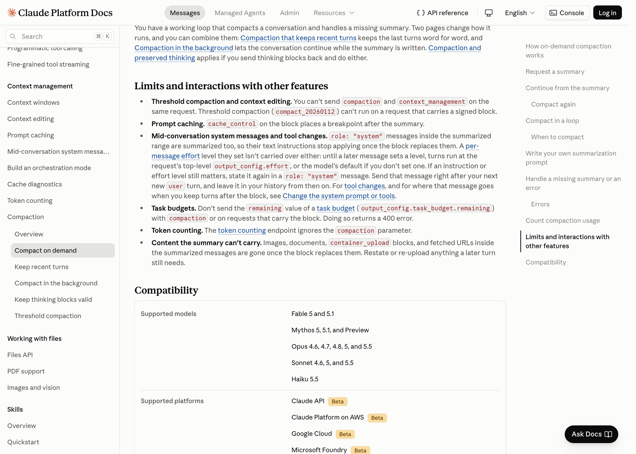 컴팩션 온디맨드 문서의 Limits and interactions with other features 절. 컨텍스트 편집과 동시 사용 불가, 프롬프트 캐싱, 시스템 메시지, 작업 예산, 요약이 담지 못하는 내용 항목이 보인다
