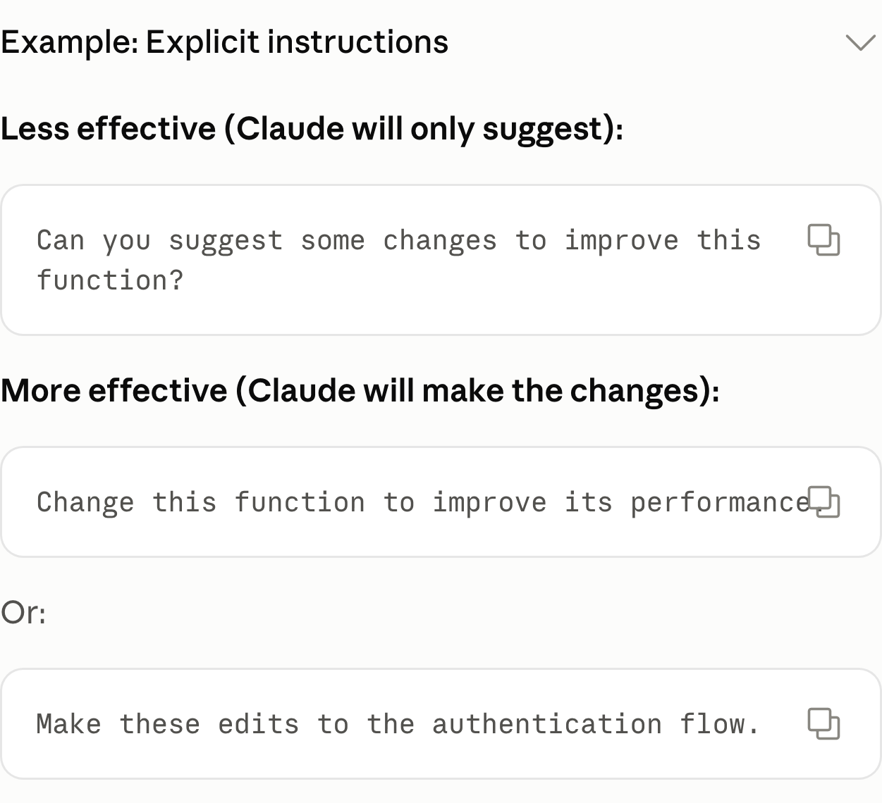 Claude 공식 문서의 Explicit instructions 예시 상자. 클로드 프롬프트를 제안을 묻는 문장으로 쓴 덜 효과적인 예와, 바꾸라고 지시한 더 효과적인 예 두 개가 위아래로 놓여 있다