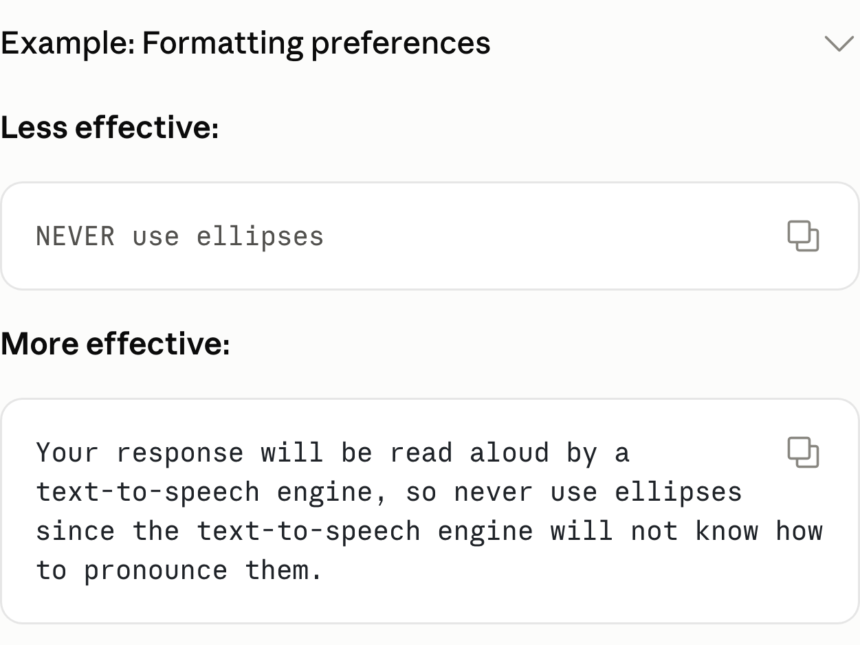 Claude 공식 문서의 Formatting preferences 예시 상자. 위에는 말줄임표를 쓰지 말라는 짧은 금지 문장이, 아래에는 음성 합성 엔진이 읽는다는 이유를 붙인 문장이 있다