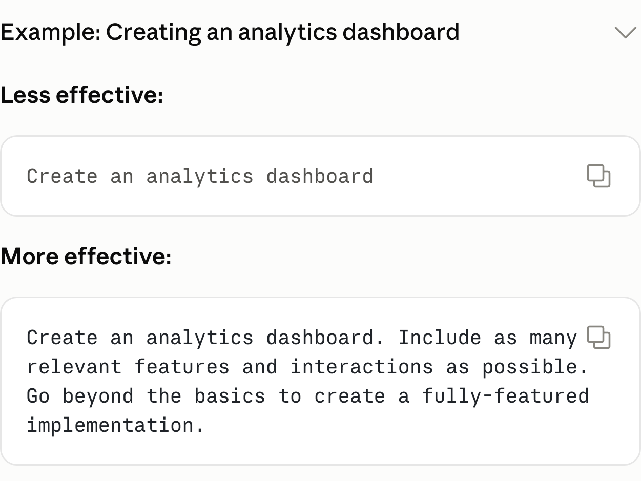 Claude 공식 문서의 analytics dashboard 예시 상자. 위에는 대시보드를 만들라는 한 문장이, 아래에는 기능과 상호작용을 최대한 넣고 기본을 넘어 만들라는 문장이 덧붙은 요청이 있다