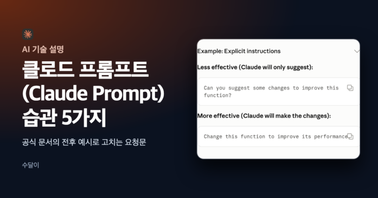 클로드 프롬프트 습관 5가지 글의 대표 이미지. Claude 공식 문서의 전후 예시 상자가 오른쪽에 놓여 있다