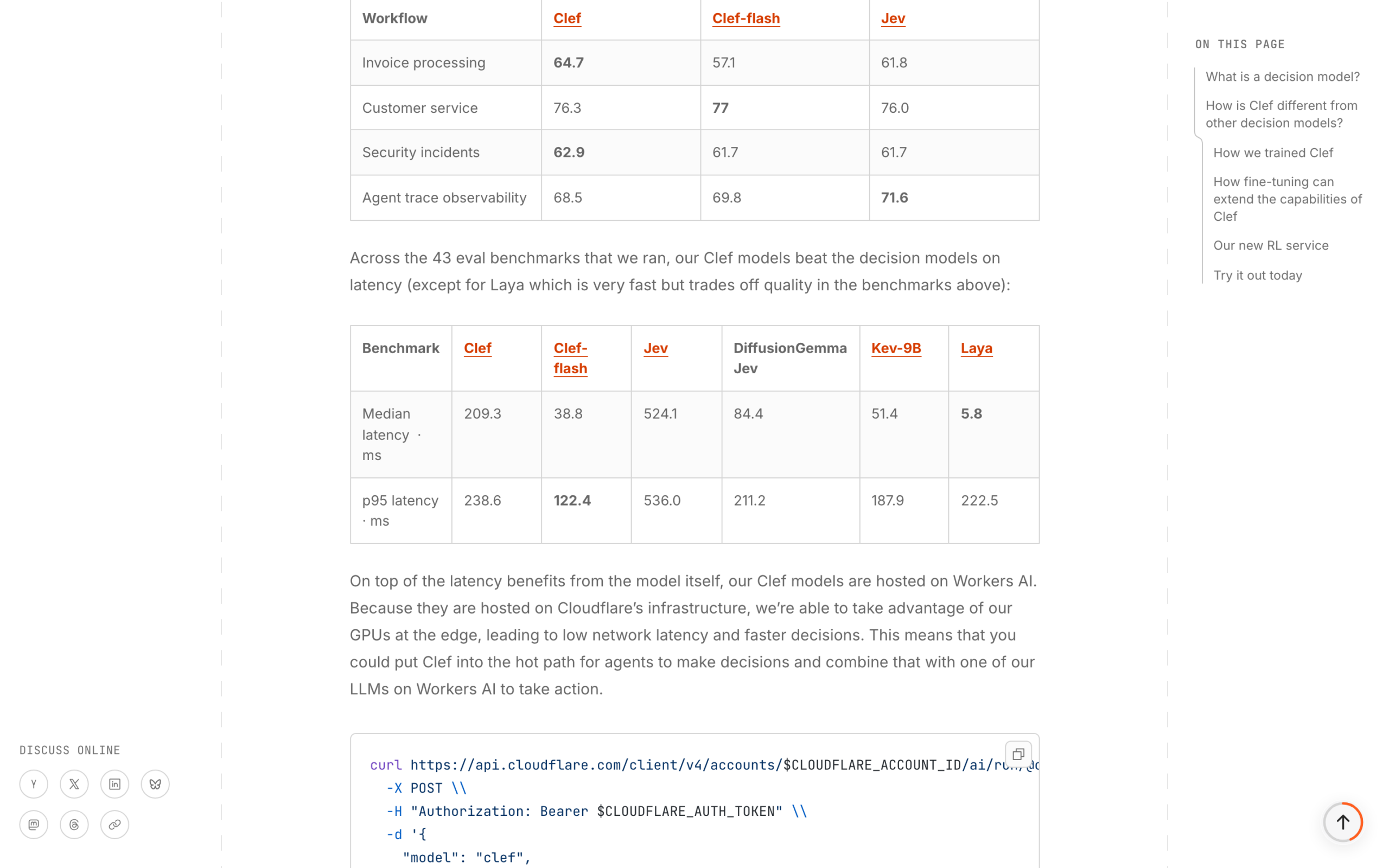 Cloudflare 공식 블로그의 Clef 지연 시간 및 워크플로 정확도 벤치마크 표 화면. Clef-flash의 중앙 지연 시간이 38.8ms를 기록하고 있다.