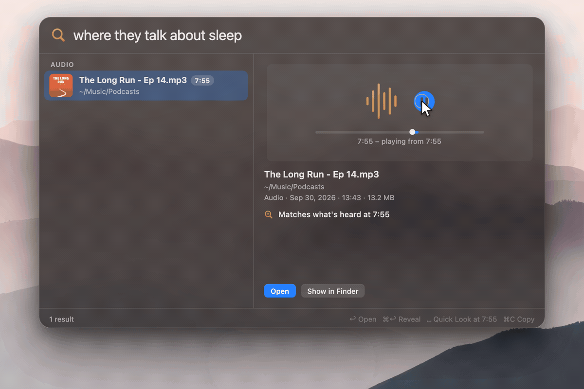 검색 창에 where they talk about sleep을 적자 팟캐스트 mp3 파일이 뜨고 Matches what's heard at 7:55라는 설명이 붙은 화면
