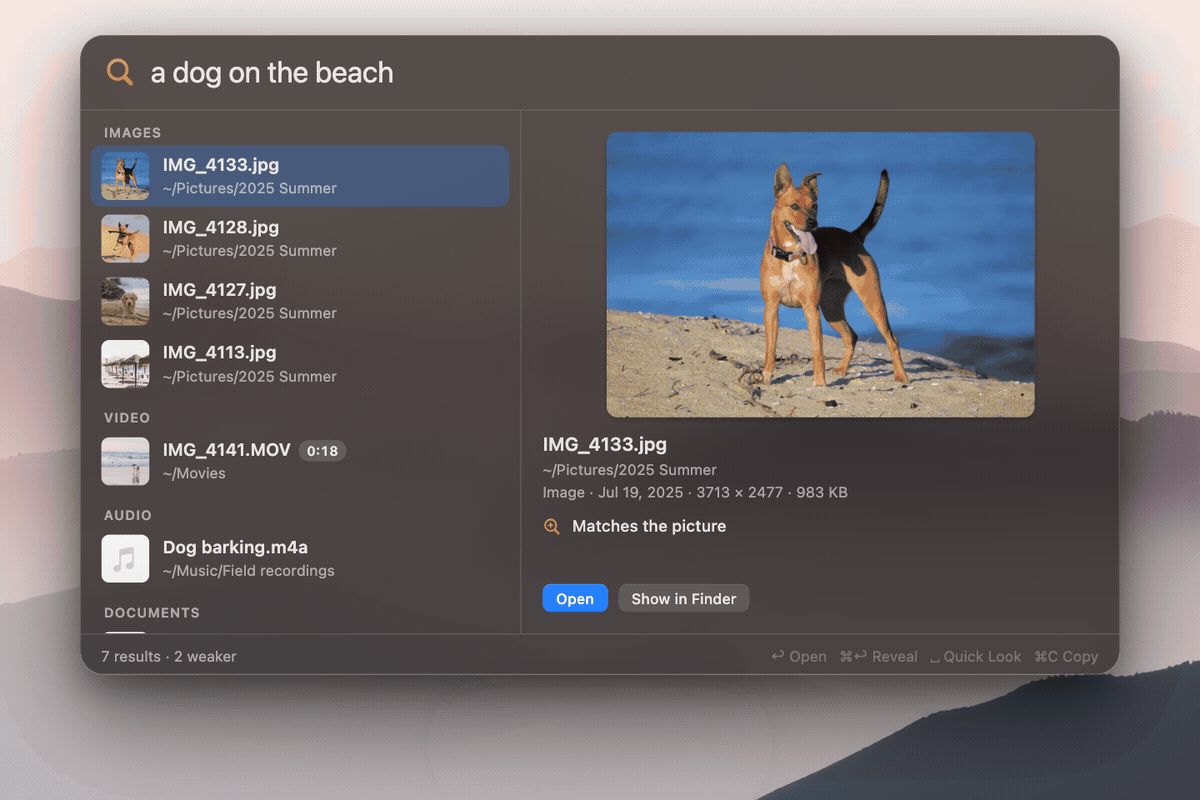 검색 창에 a dog on the beach를 적자 이름이 IMG_4133.jpg인 바닷가 강아지 사진이 첫 결과로 뜬 화면