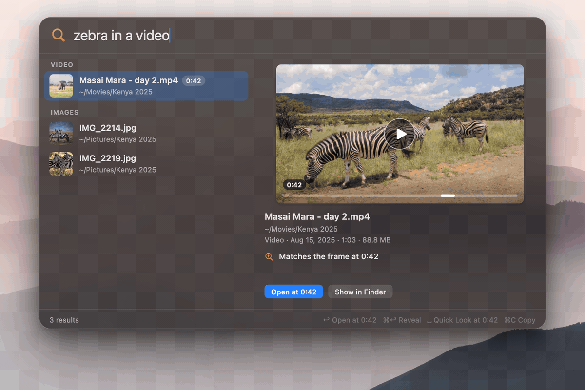 검색 창에 zebra in a video를 적자 Masai Mara 영상이 첫 결과로 뜨고 0:42 지점의 얼룩말 장면이 미리보기에 보이는 화면