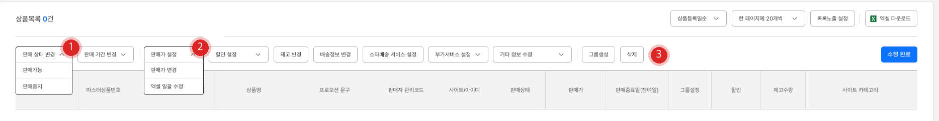 ESM 운영 일지 일괄 변경 메뉴. 1번 판매 상태 변경을 열어 판매가능·판매중지가 보이고, 2번 판매가 설정을 열어 판매가 변경·엑셀 일괄 수정이 보이며, 3번 삭제 버튼이 표시되어 있다