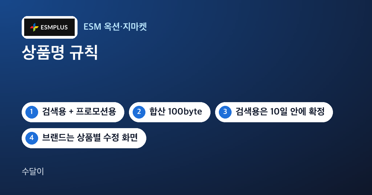 ESM+ 상품 등록 상품명 규칙 글의 대표 이미지. ESMPLUS 로고와 검색용, 프로모션용, 100byte, 10일 칩이 놓여 있다
