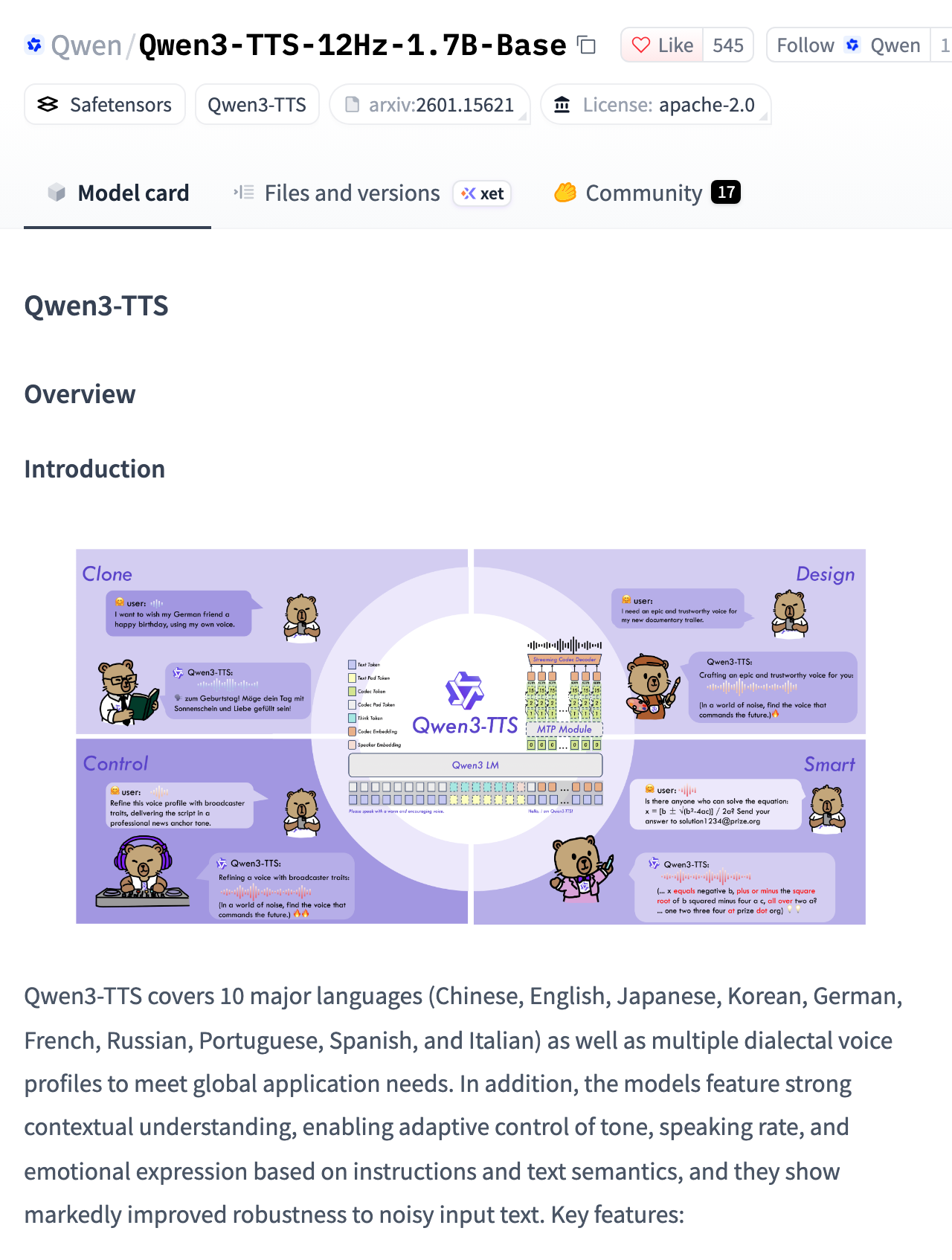 Qwen3-TTS 모델 카드 윗부분. 모델 이름 아래 License apache-2.0 표시가 있고, 소개 그림 밑에 한국어를 포함한 10개 언어를 지원한다는 영어 문단이 있다