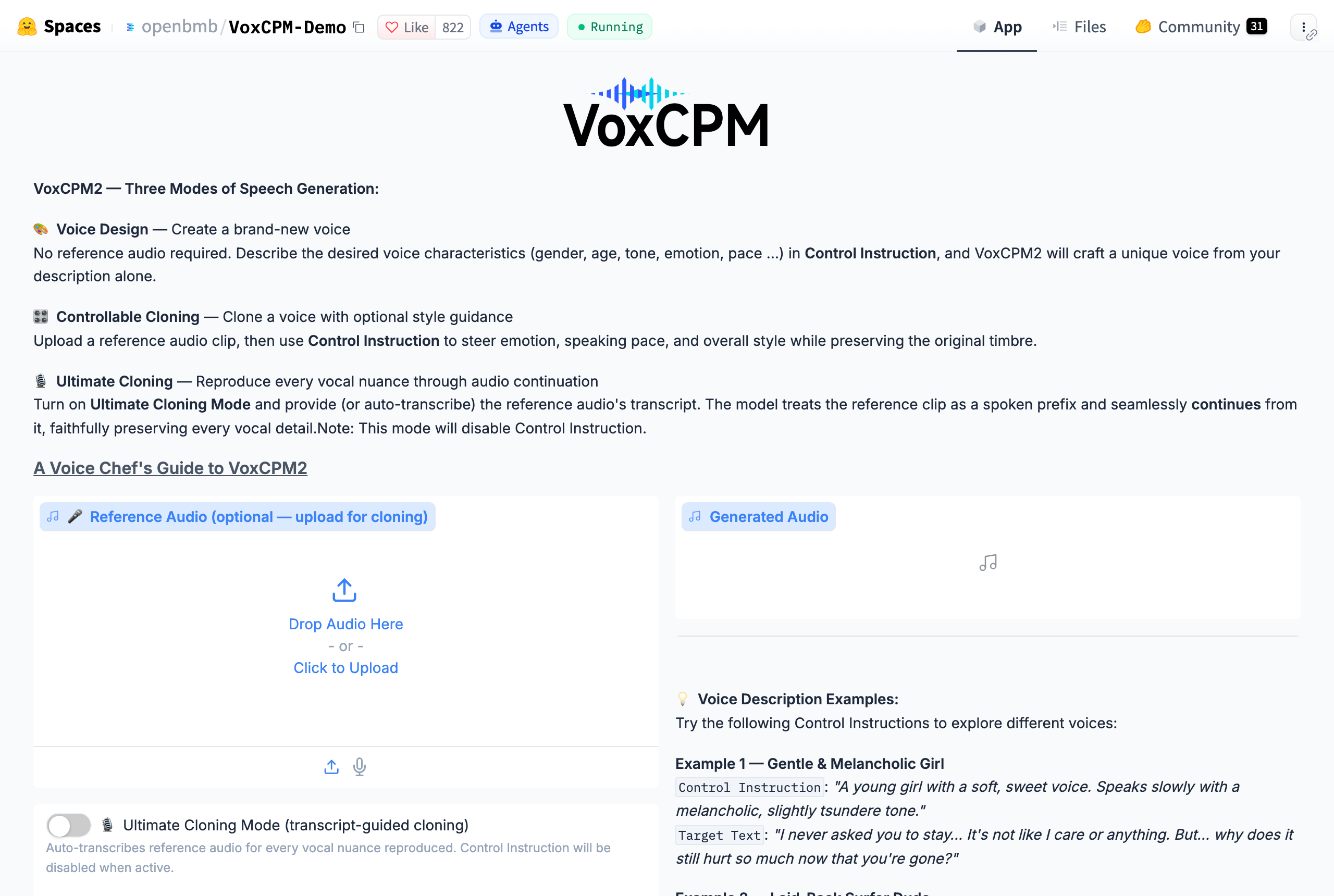 VoxCPM 데모 스페이스 화면. 위에 목소리 설계, 조절 가능한 복제, 정밀 복제 세 가지 방식의 영어 설명이 있고 아래에 참고 음성을 올리는 칸과 생성된 음성이 나오는 칸이 있다