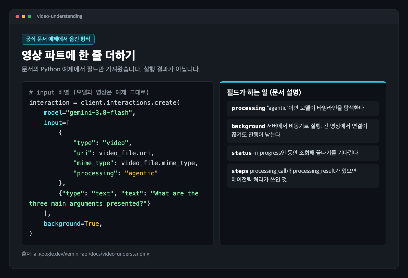 영상 파트에 processing 필드를 넣은 요청 형식을 정리한 카드. 문서의 예제에서 필드만 옮겼다